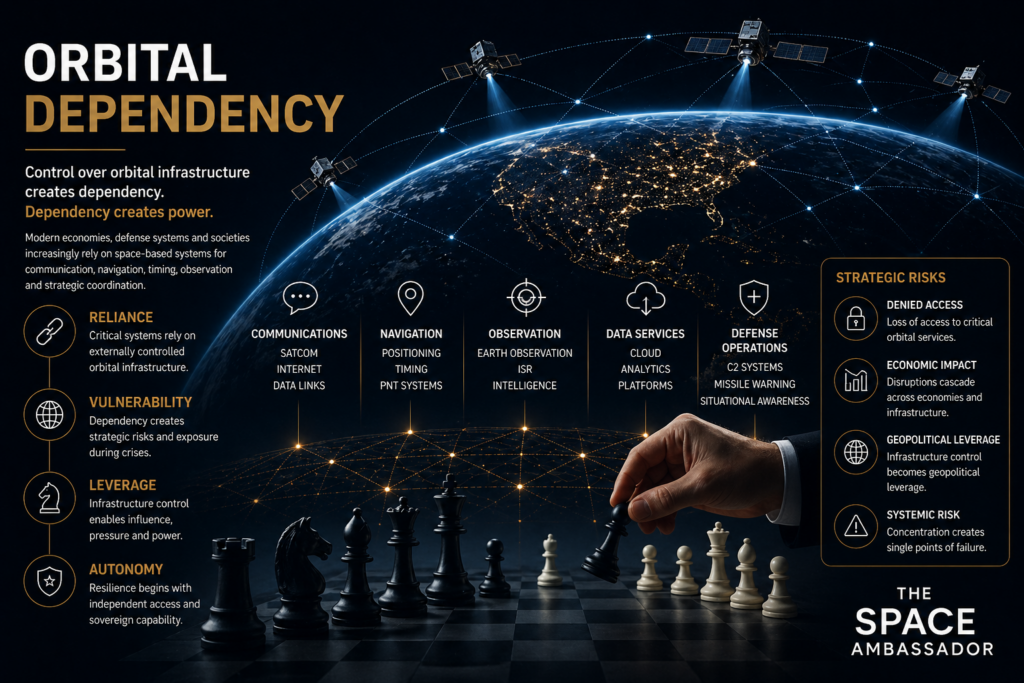 Orbital dependency visualization showing global reliance on space infrastructure, satellite networks and strategic infrastructure control