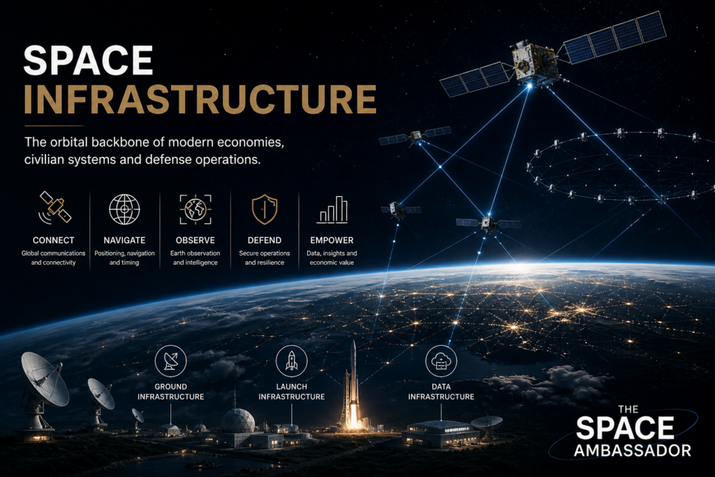 Orbital space infrastructure network with satellites, launch systems and ground infrastructure representing strategic space power